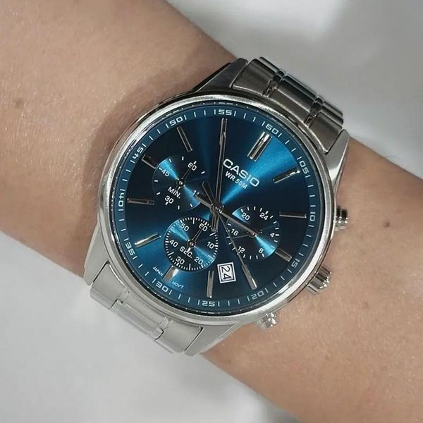 Мужские часы CASIO MTP-E515D-2A1 с хронографом и синим циферблатом wr 50 m 119630493 фото