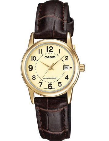 Женские часы CASIO LTP-V002GL-9B золотистые с цифрами на кожаном ремешке 113882100 фото