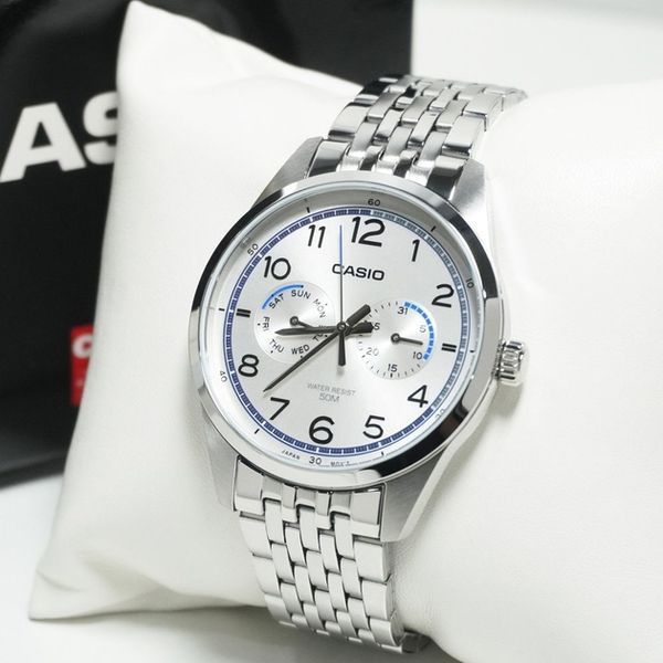Мужские часы CASIO MTP-E340D-7A серебристый с хронографом серебристый циферблат и арабские цифры MTP-E340D-7A фото