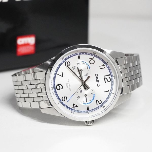 Мужские часы CASIO MTP-E340D-7A серебристый с хронографом серебристый циферблат и арабские цифры MTP-E340D-7A фото