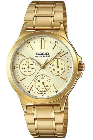 Женские часы CASIO LTP-V300G-9A золотистые с хронографом и золотистым циферблатом 113882574 фото