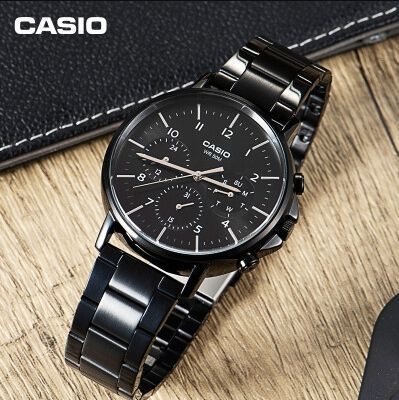 Чоловічий годинник CASIO MTP-E321B-1A Total Black класичний в чорному корпусі з хронографом MTP-E321B-1A фото