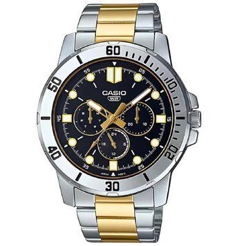 Чоловічий годинник CASIO MTP-VD300SG-1E комбінований масивний сріблястий з хронографом чорний циферблат WR 50 MTP-VD300SG-1E фото