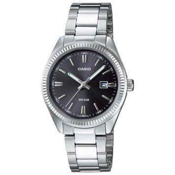 Женские часы CASIO LTP-1302D-1A1VEF прямоугольные серебристые с черным циферблатом LTP-1302D-1A фото