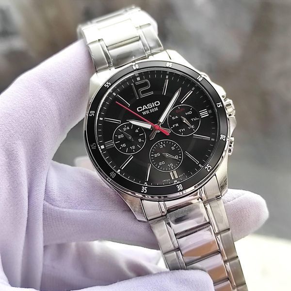 Мужские часы CASIO MTP-1374D-1AVEF с хронографом и черным циферблатом 104518369 фото