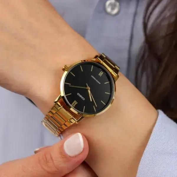 Женские часы CASIO LTP-VT01G-1BUDF золотистые с черным циферблатом 104814531 фото