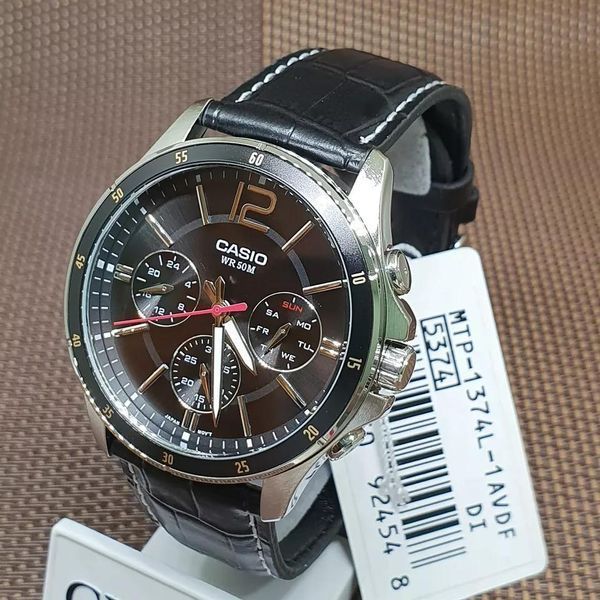 Чоловічий годинник CASIO MTP-1374L-1AVDF з хронографом та чорним циферблатом на шкіряному ремінці 104136296 фото