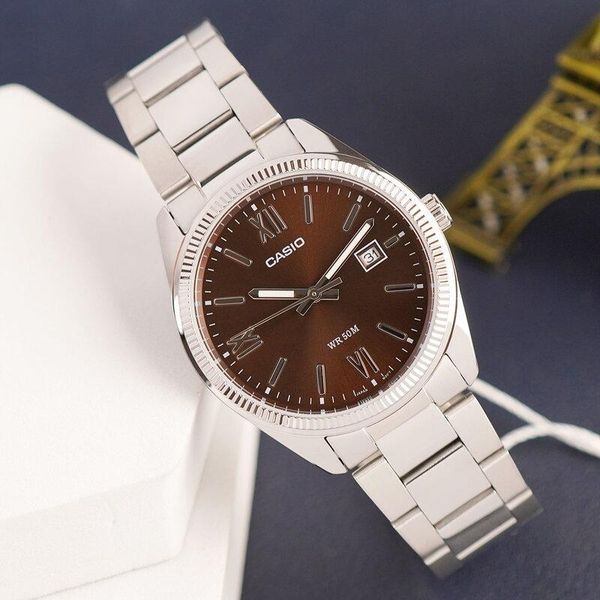 Мужские часы CASIO MTP-1302DD-5AV серебристые с шоколадным цветом циферблата 104136424 фото