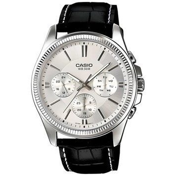 Чоловічий годинник CASIO MTP-1375L-7A з хронографом та сріблястим циферблатом на шкіряному ремінці 104136265 фото