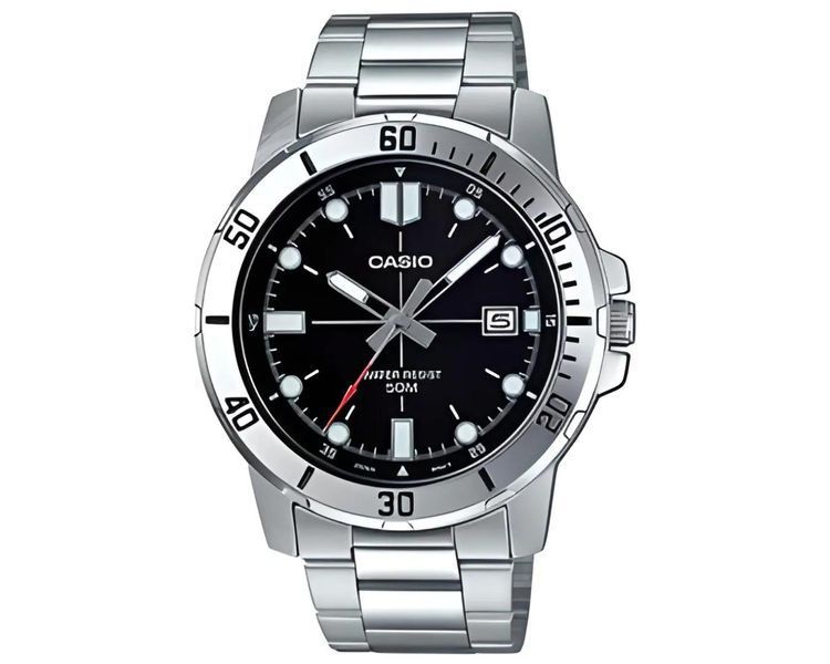 Чоловічий годинник CASIO MTP-VD01D-1EVUDF сріблясті масивні wr 50 m з чорним циферблатом 104643131 фото