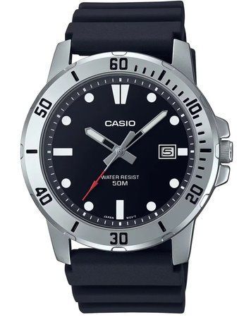 Мужские часы CASIO MTP-VD01-1E WR 50 массивные с чорним циферблатом на каучуковом ремешке MTP-VD01-1E фото